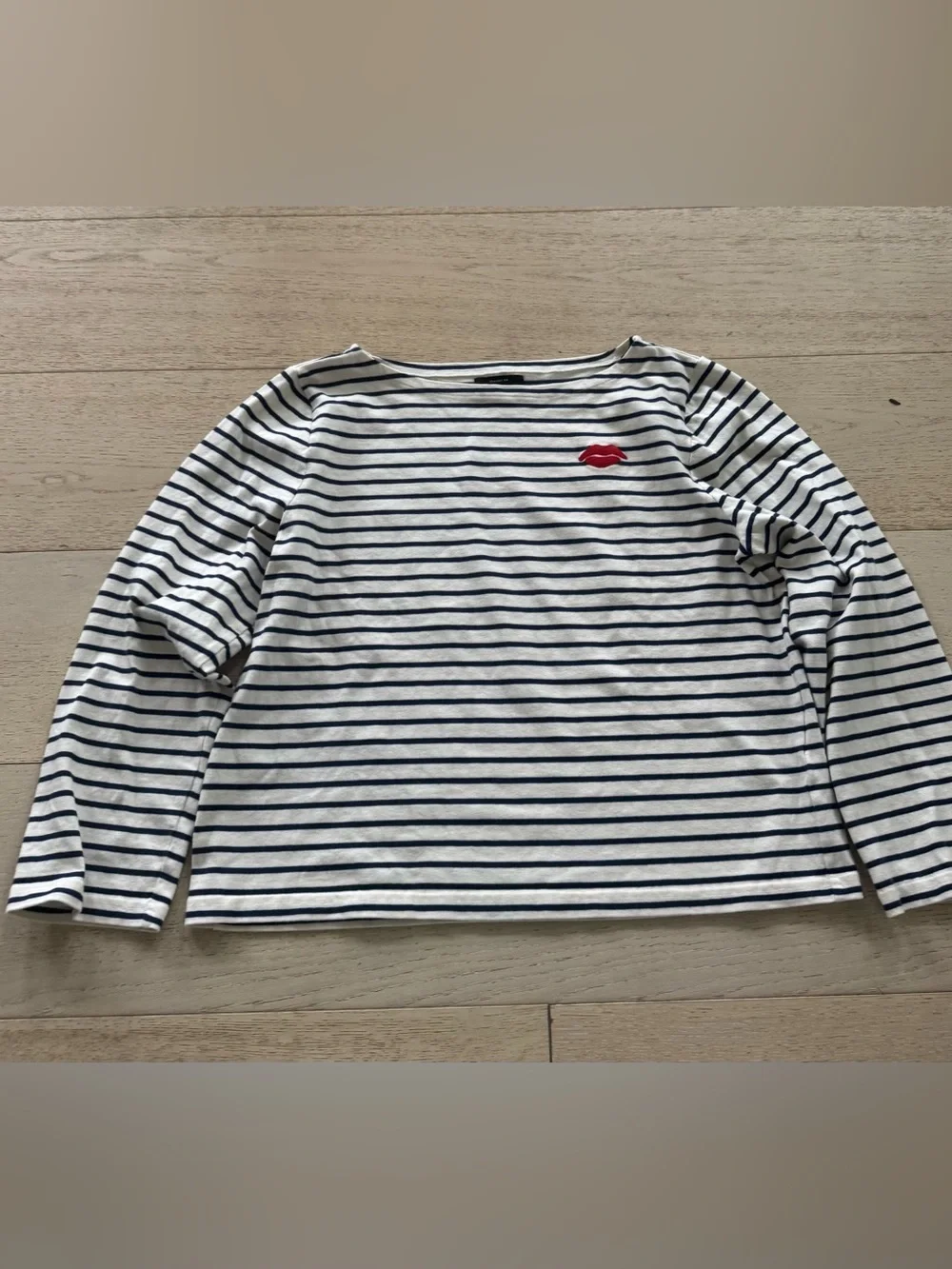 J crew Classic mariner cloth boatneck T-shirt with embroidery lips kiss